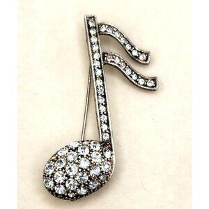 Silver Tone Music Note Brooch With Rhinestone Accents - 2"